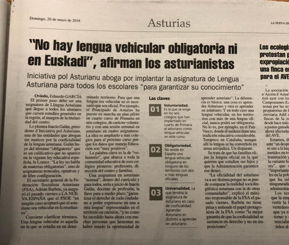 Iniciativa pol Asturianu fala nel diariu La Nueva España sobre la «obligatoriedá» del asturianu